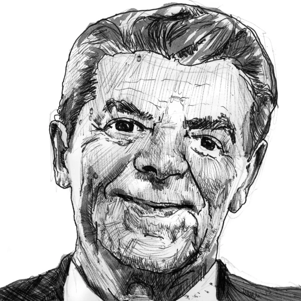 Ronald Reagan — “No Tariffs” | 6x9 Ink Portrait