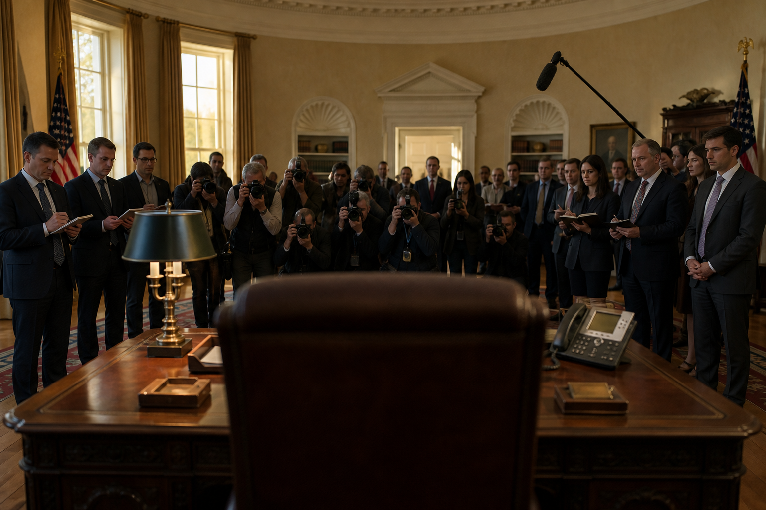 View from behind the president’s desk toward press and advisors
